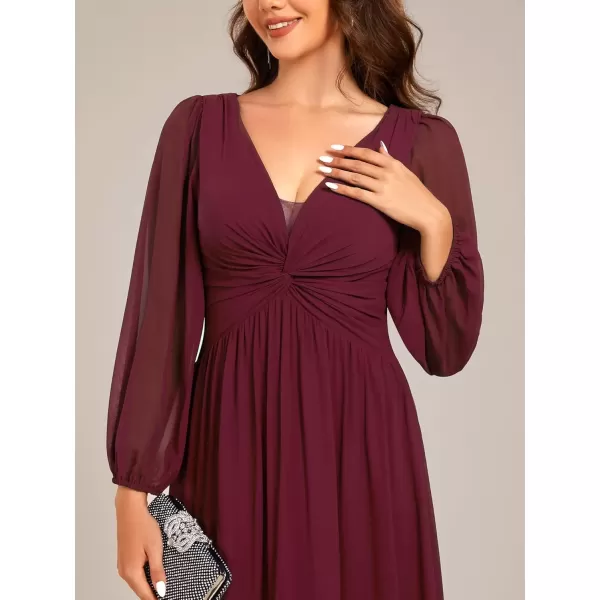 imageEverPretty Womens VNeck Long Sleeves ALine Pleated Chiffon Maxi Formal Dress 02235Burgundy