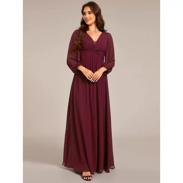 imageEverPretty Womens VNeck Long Sleeves ALine Pleated Chiffon Maxi Formal Dress 02235Burgundy