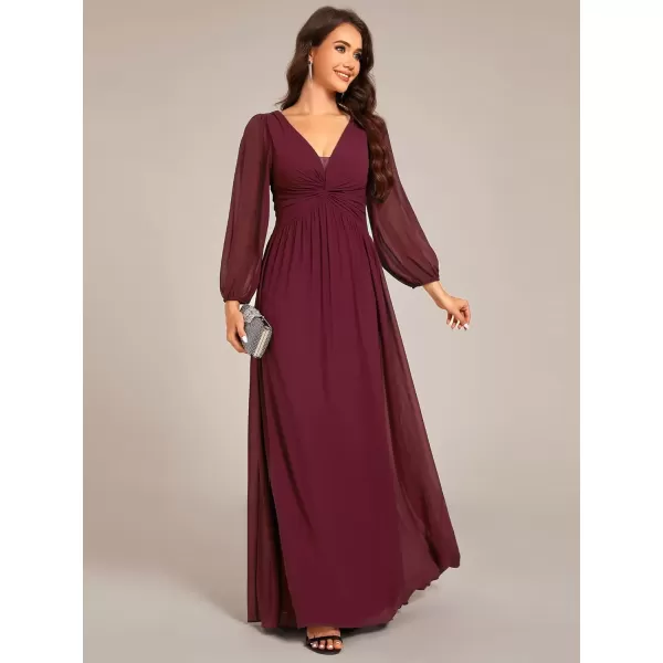 imageEverPretty Womens VNeck Long Sleeves ALine Pleated Chiffon Maxi Formal Dress 02235Burgundy