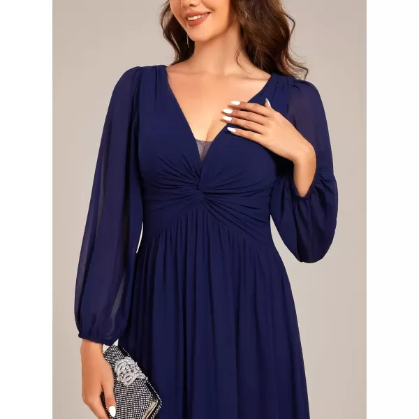 imageEverPretty Womens VNeck Long Sleeves ALine Pleated Chiffon Maxi Formal Dress 02235Navy Blue