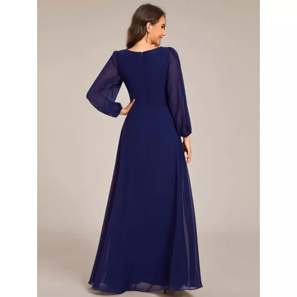 imageEverPretty Womens VNeck Long Sleeves ALine Pleated Chiffon Maxi Formal Dress 02235Navy Blue