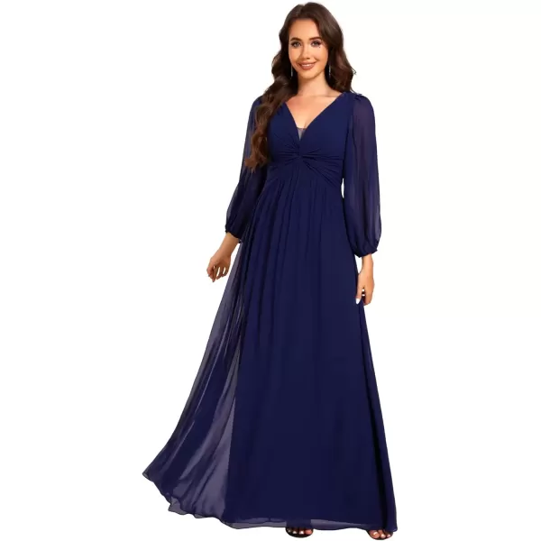 imageEverPretty Womens VNeck Long Sleeves ALine Pleated Chiffon Maxi Formal Dress 02235Navy Blue