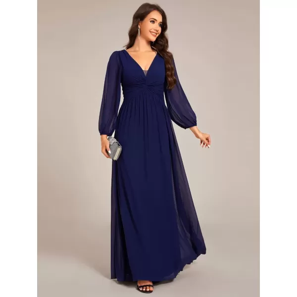 imageEverPretty Womens VNeck Long Sleeves ALine Pleated Chiffon Maxi Formal Dress 02235Navy Blue