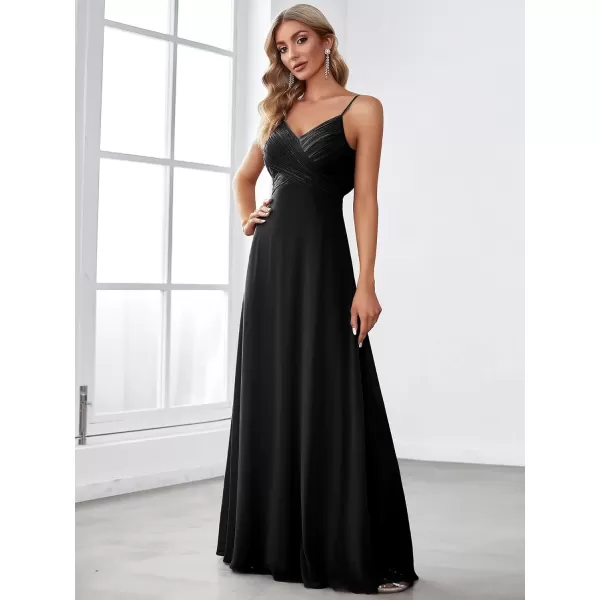 imageEverPretty Womens VNeck Sleeveless Front Ruched Maxi ALine Wedding Guest Dresses 80026Black