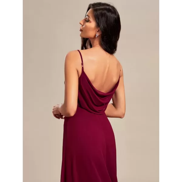 imageEverPretty Womens VNeck Sleeveless Front Ruched Maxi ALine Wedding Guest Dresses 80026Burgundy