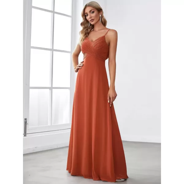 imageEverPretty Womens VNeck Sleeveless Front Ruched Maxi ALine Wedding Guest Dresses 80026Burnt Orange