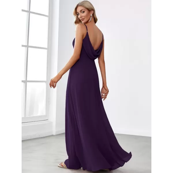 imageEverPretty Womens VNeck Sleeveless Front Ruched Maxi ALine Wedding Guest Dresses 80026Dark Purple