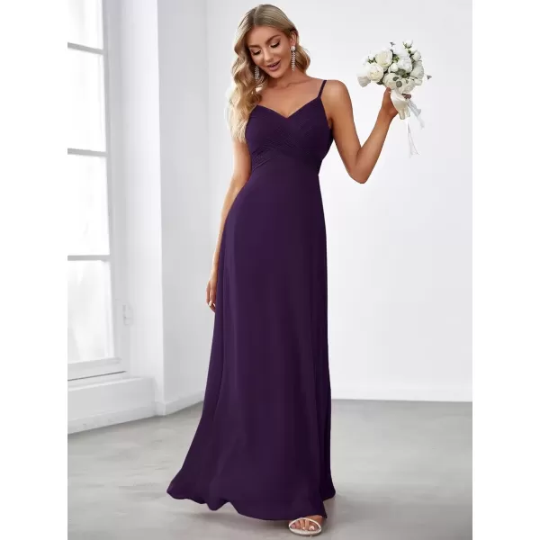 imageEverPretty Womens VNeck Sleeveless Front Ruched Maxi ALine Wedding Guest Dresses 80026Dark Purple