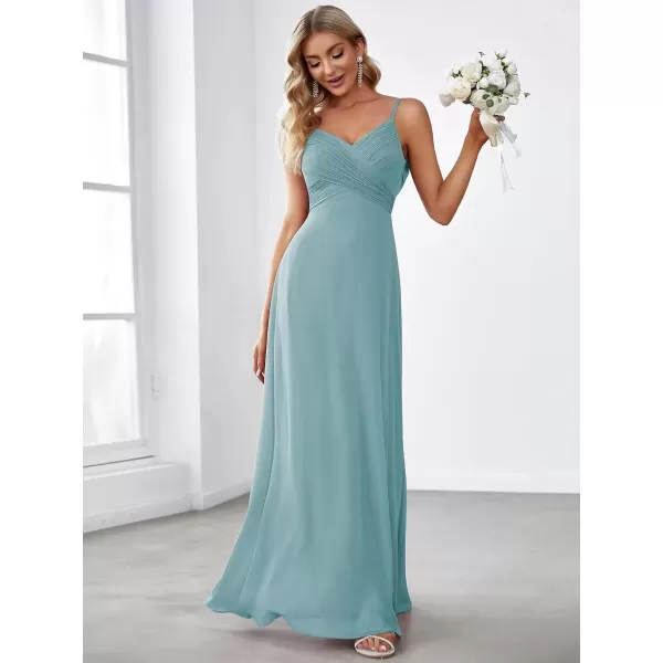 imageEverPretty Womens VNeck Sleeveless Front Ruched Maxi ALine Wedding Guest Dresses 80026Dusty Blue