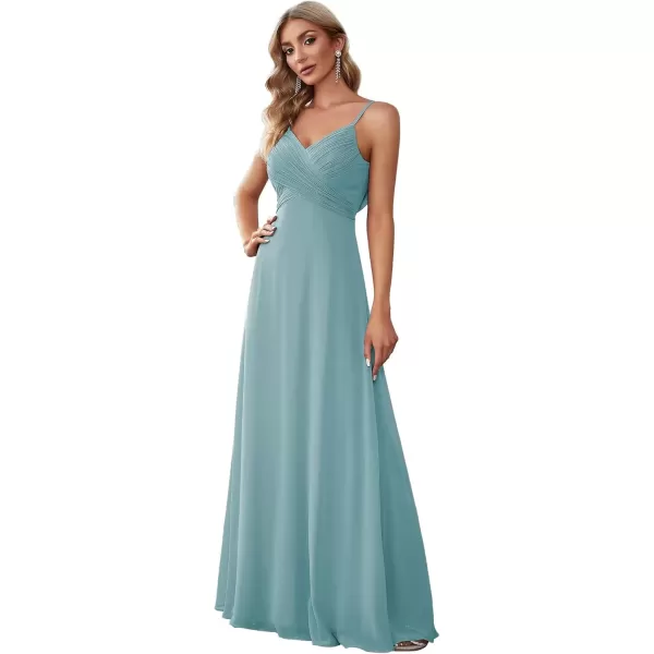 imageEverPretty Womens VNeck Sleeveless Front Ruched Maxi ALine Wedding Guest Dresses 80026Dusty Blue