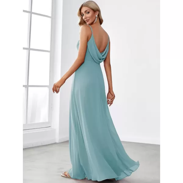 imageEverPretty Womens VNeck Sleeveless Front Ruched Maxi ALine Wedding Guest Dresses 80026Dusty Blue