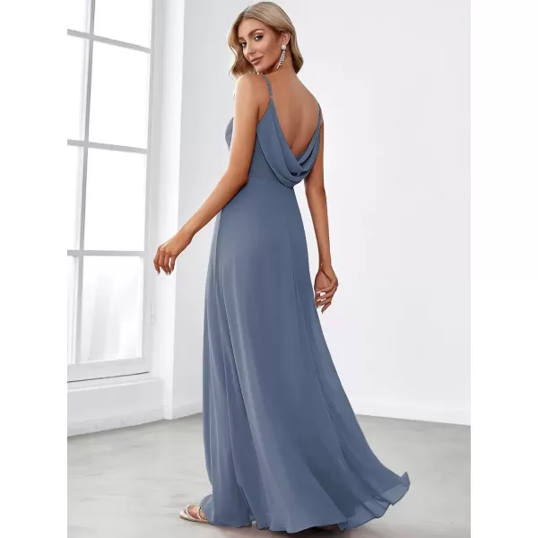 imageEverPretty Womens VNeck Sleeveless Front Ruched Maxi ALine Wedding Guest Dresses 80026Dusty Navy