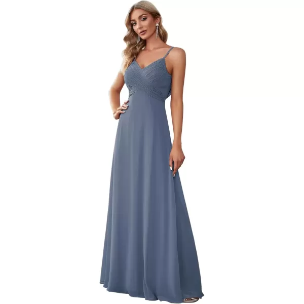 imageEverPretty Womens VNeck Sleeveless Front Ruched Maxi ALine Wedding Guest Dresses 80026Dusty Navy