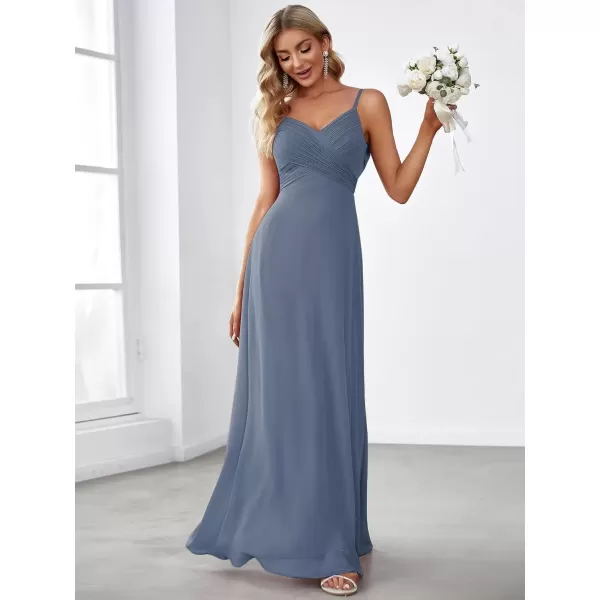 imageEverPretty Womens VNeck Sleeveless Front Ruched Maxi ALine Wedding Guest Dresses 80026Dusty Navy