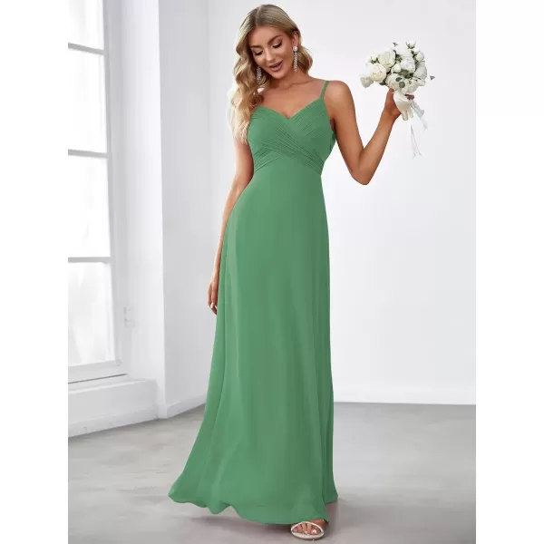 imageEverPretty Womens VNeck Sleeveless Front Ruched Maxi ALine Wedding Guest Dresses 80026Green Bean