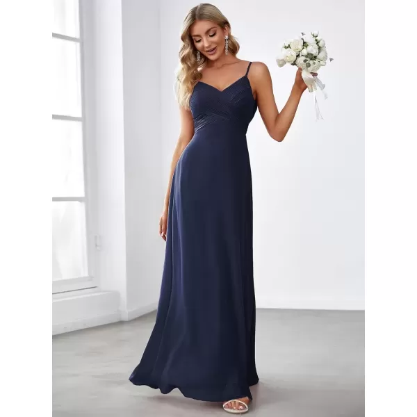 imageEverPretty Womens VNeck Sleeveless Front Ruched Maxi ALine Wedding Guest Dresses 80026Navy Blue