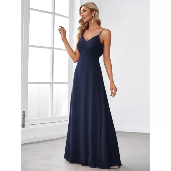 imageEverPretty Womens VNeck Sleeveless Front Ruched Maxi ALine Wedding Guest Dresses 80026Navy Blue