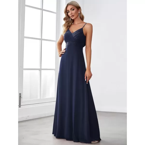 imageEverPretty Womens VNeck Sleeveless Front Ruched Maxi ALine Wedding Guest Dresses 80026Navy Blue