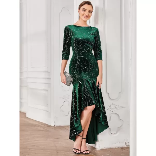 imageEverPretty Womens Velvet 34 Sleeve HighLow Mermaid Plus Size Gorgeous Evening Dress 0472Dark Green