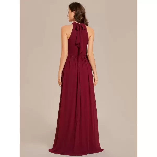 imageEverPretty Womens A Line Halter Straps Sleeveless Pleated High Slit Summer Maxi Formal Dresses 02014Burgundy