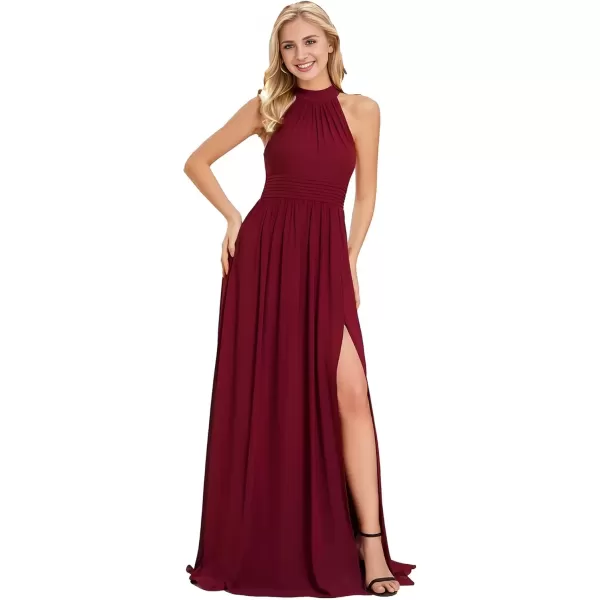 imageEverPretty Womens A Line Halter Straps Sleeveless Pleated High Slit Summer Maxi Formal Dresses 02014Burgundy