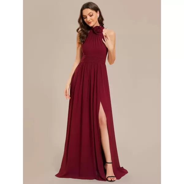 imageEverPretty Womens A Line Halter Straps Sleeveless Pleated High Slit Summer Maxi Formal Dresses 02014Burgundy