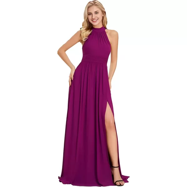 imageEverPretty Womens A Line Halter Straps Sleeveless Pleated High Slit Summer Maxi Formal Dresses 02014Fuchsia