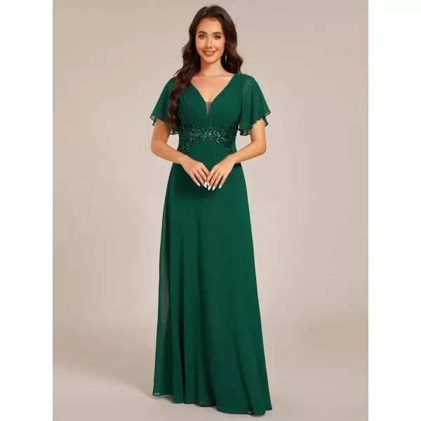 imageEverPretty Womens Chiffon Flutter Short Sleeves Appliques High Waist Fall Maxi Formal Dress 02237Dark Green