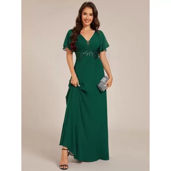 imageEverPretty Womens Chiffon Flutter Short Sleeves Appliques High Waist Fall Maxi Formal Dress 02237Dark Green