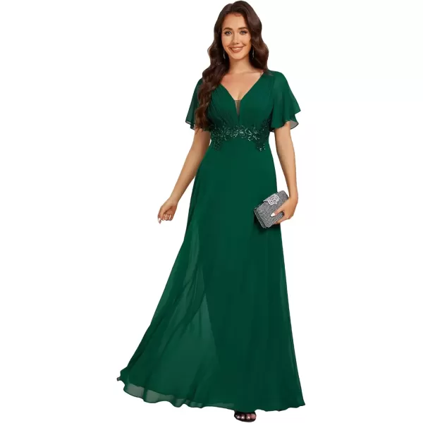 imageEverPretty Womens Chiffon Flutter Short Sleeves Appliques High Waist Fall Maxi Formal Dress 02237Dark Green