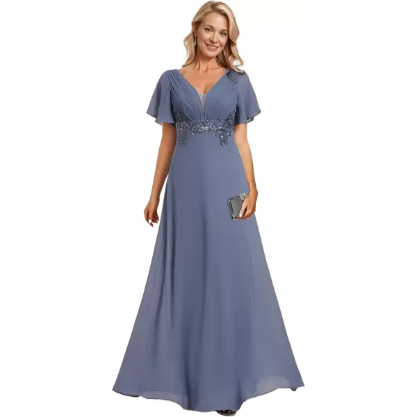 imageEverPretty Womens Chiffon Flutter Short Sleeves Appliques High Waist Fall Maxi Formal Dress 02237Dusty Navy