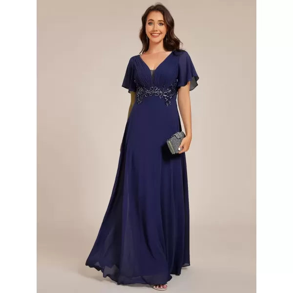 imageEverPretty Womens Chiffon Flutter Short Sleeves Appliques High Waist Fall Maxi Formal Dress 02237Navy Blue