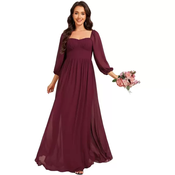 imageEverPretty Womens Elegant Ruched Sweetheart Empire Waist A Line Long Sleeves Maxi Chiffon Bridesmaid Dresses 02264Burgundy