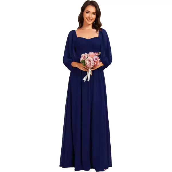 imageEverPretty Womens Elegant Ruched Sweetheart Empire Waist A Line Long Sleeves Maxi Chiffon Bridesmaid Dresses 02264Navy Blue