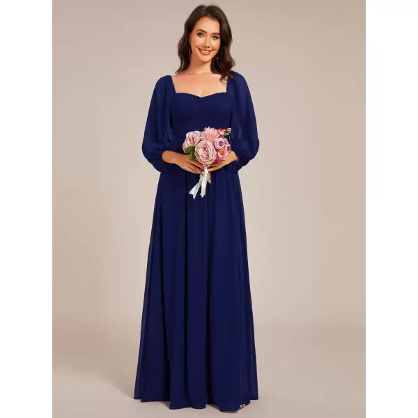 imageEverPretty Womens Elegant Ruched Sweetheart Empire Waist A Line Long Sleeves Maxi Chiffon Bridesmaid Dresses 02264Navy Blue