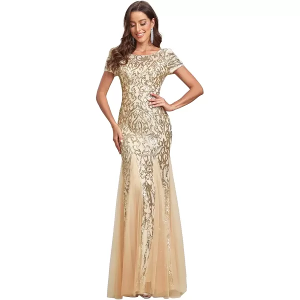 imageEverPretty Womens Grogeous Round Neckline Sequin Bodycon Mermaid Evening Dress with Sleeves 01808Gold