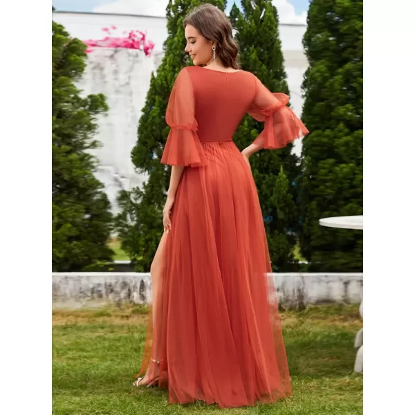 imageEverPretty Womens Sexy VNeck Empire Waist Flowy Pleated Slit Tulle 34 Sleeves Bridesmaid Dresses S0003Burnt Orange