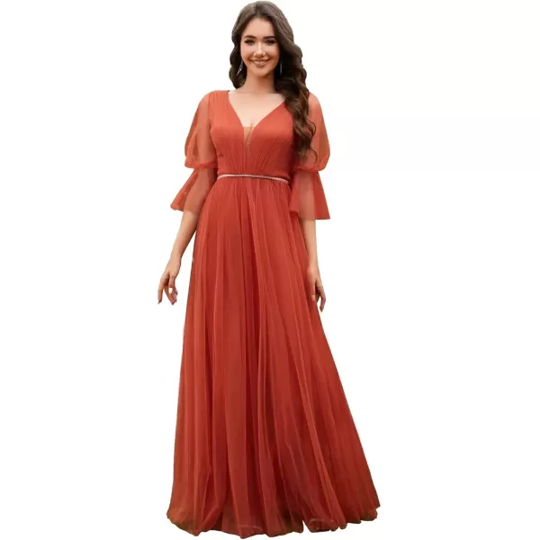 imageEverPretty Womens Sexy VNeck Empire Waist Flowy Pleated Slit Tulle 34 Sleeves Bridesmaid Dresses S0003Burnt Orange