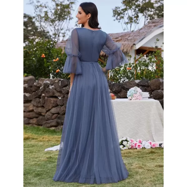 imageEverPretty Womens Sexy VNeck Empire Waist Flowy Pleated Slit Tulle 34 Sleeves Bridesmaid Dresses S0003Dusty Navy