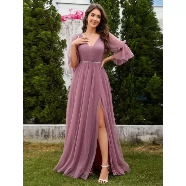 imageEverPretty Womens Sexy VNeck Empire Waist Flowy Pleated Slit Tulle 34 Sleeves Bridesmaid Dresses S0003Orchid