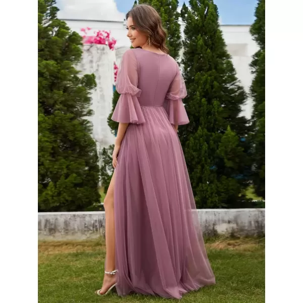 imageEverPretty Womens Sexy VNeck Empire Waist Flowy Pleated Slit Tulle 34 Sleeves Bridesmaid Dresses S0003Orchid