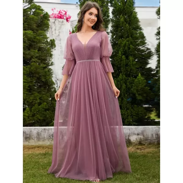 imageEverPretty Womens Sexy VNeck Empire Waist Flowy Pleated Slit Tulle 34 Sleeves Bridesmaid Dresses S0003Orchid