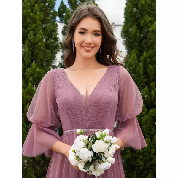 imageEverPretty Womens Sexy VNeck Empire Waist Flowy Pleated Slit Tulle 34 Sleeves Bridesmaid Dresses S0003Orchid