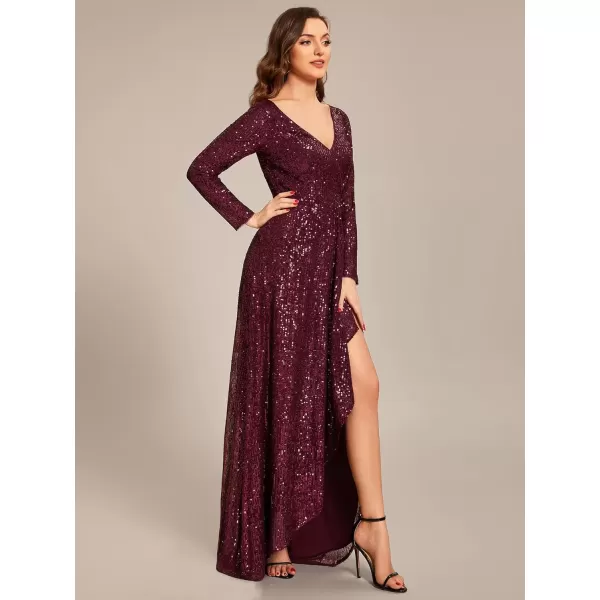 imageEverPretty Womens Sexy Winter Sequin Long Sleeves ALine High Low Maxi Evening Dresses 50146Burgundy