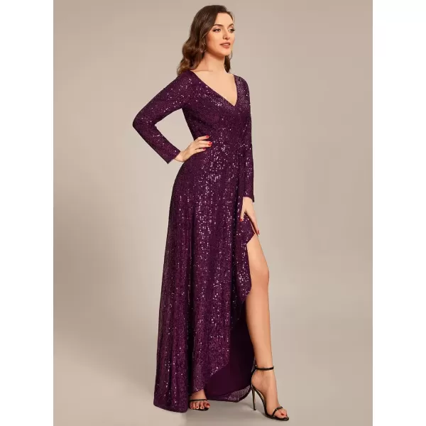 imageEverPretty Womens Sexy Winter Sequin Long Sleeves ALine High Low Maxi Evening Dresses 50146Dark Purple