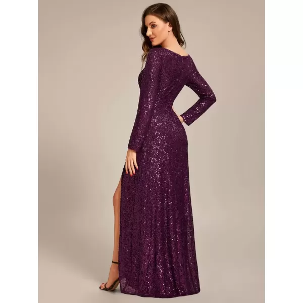 imageEverPretty Womens Sexy Winter Sequin Long Sleeves ALine High Low Maxi Evening Dresses 50146Dark Purple