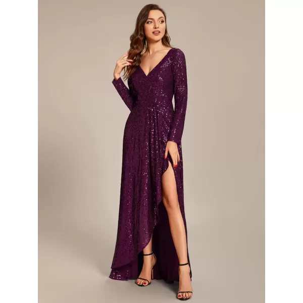 imageEverPretty Womens Sexy Winter Sequin Long Sleeves ALine High Low Maxi Evening Dresses 50146Dark Purple