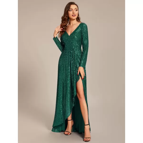 imageEverPretty Womens Sexy Winter Sequin Long Sleeves ALine High Low Maxi Evening Dresses 50146Deep Green