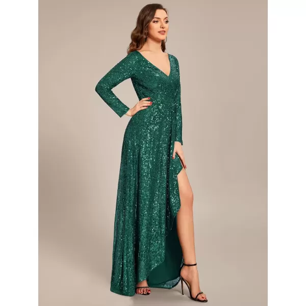 imageEverPretty Womens Sexy Winter Sequin Long Sleeves ALine High Low Maxi Evening Dresses 50146Deep Green