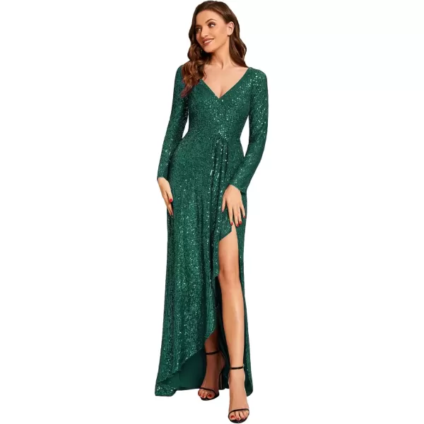 imageEverPretty Womens Sexy Winter Sequin Long Sleeves ALine High Low Maxi Evening Dresses 50146Deep Green